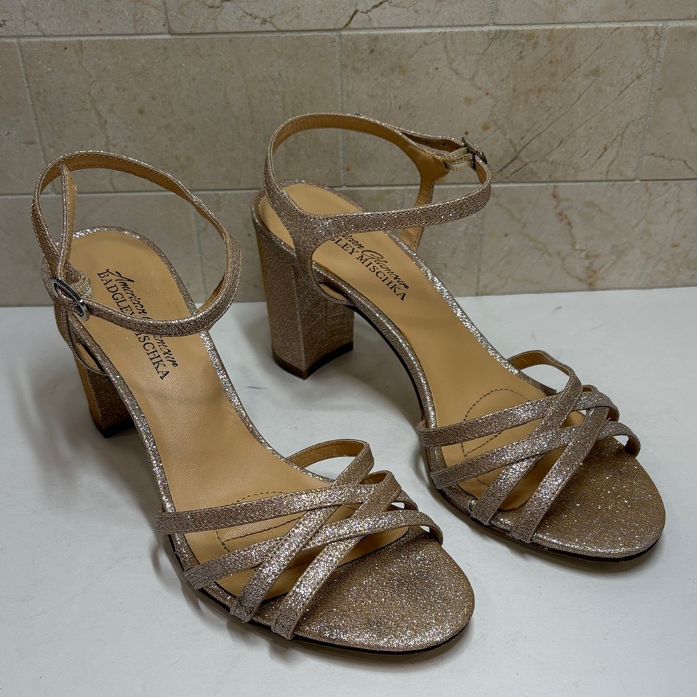 Badgley Mischka Glittery Rose Gold Strappy Block Heels